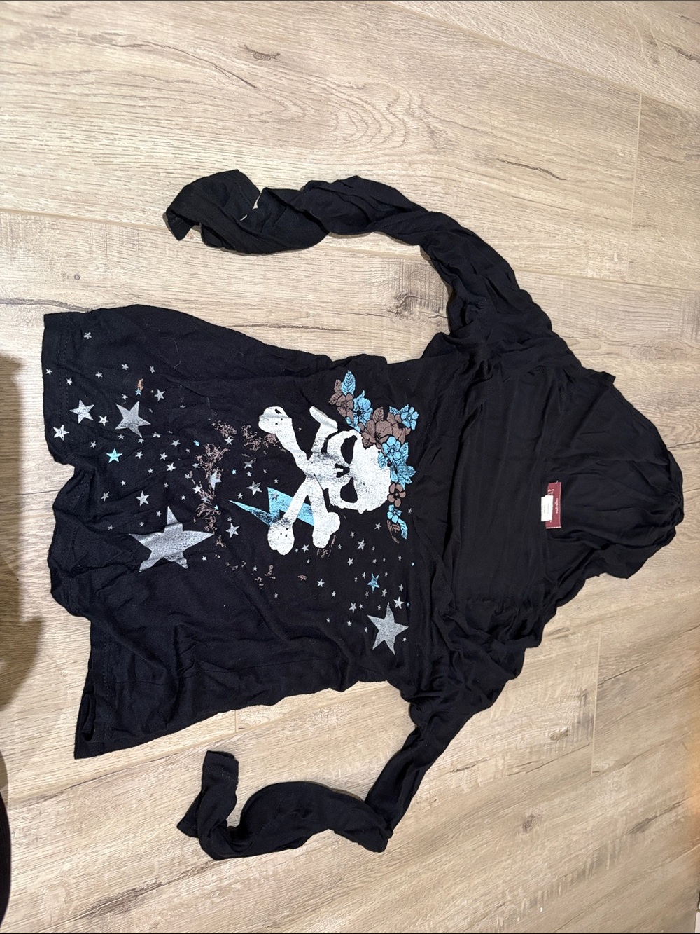 Urban Behavior Black Hoodie with Skull, Stars & Blue Floral Accents